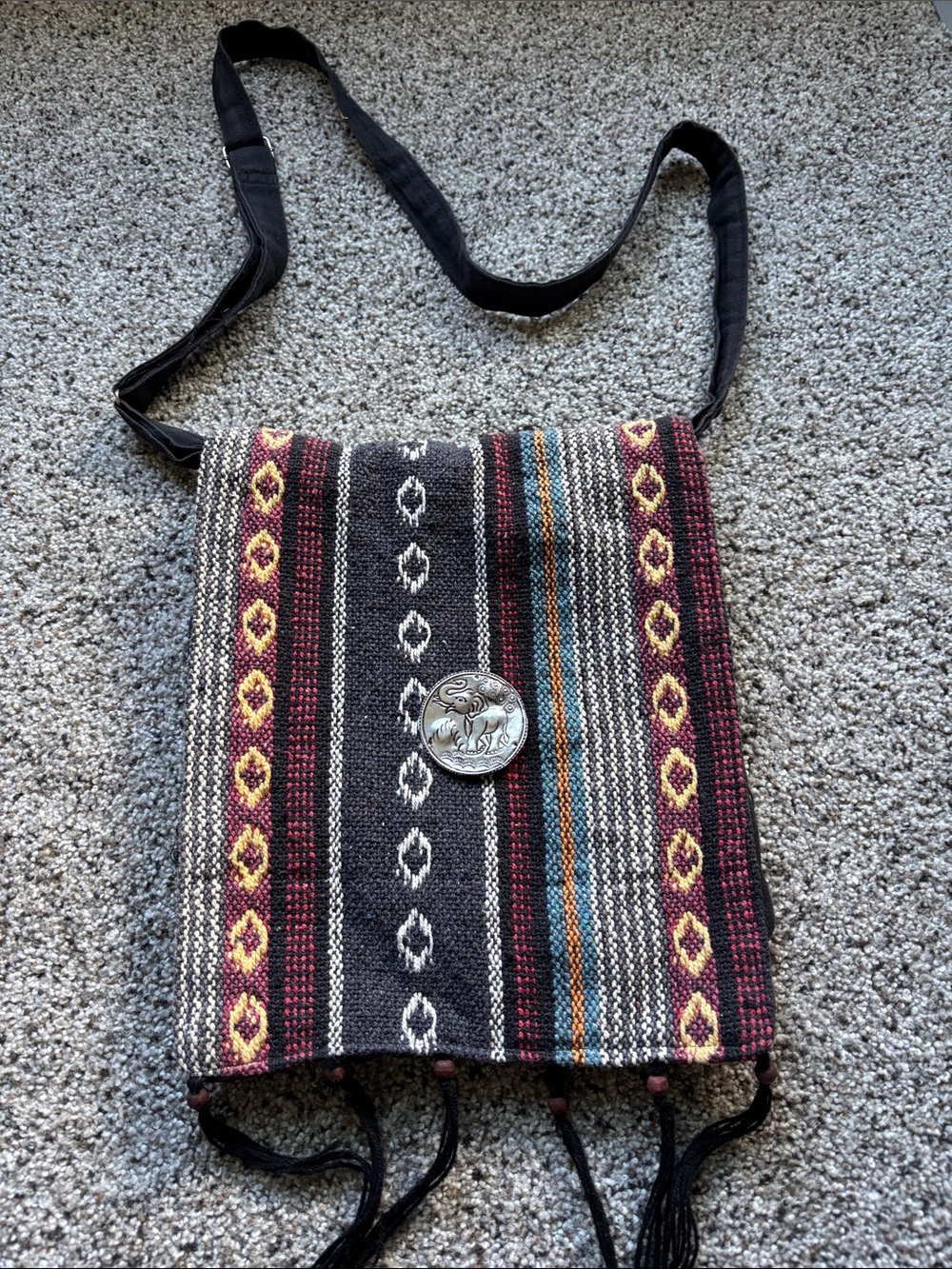 Woven Southwestern Crossbody Bag in Black and Burgundy